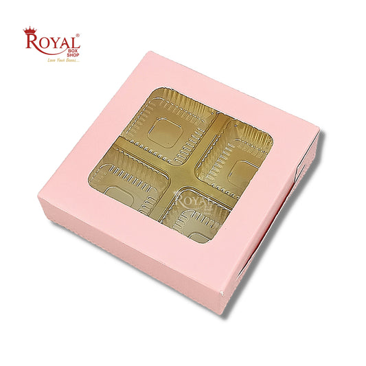4 Cavity Chocolate Boxes with Window I 3.75 x 3.75 x 1 inches I Baby Pink Royal Box Shop
