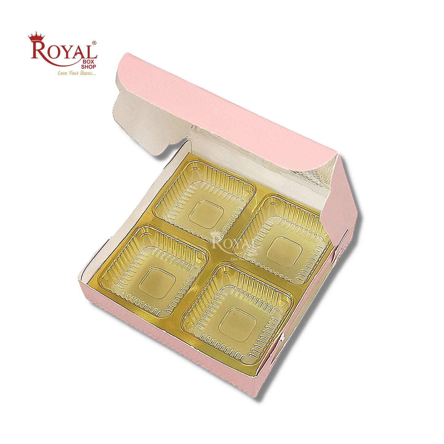 4 Cavity Chocolate Boxes with Window I 3.75 x 3.75 x 1 inches I Baby Pink Royal Box Shop