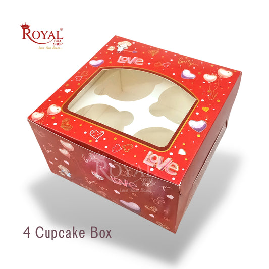4 Cupcake Valentine Theme Box I Size 7x7x3.5" Inch I Red Color Royal Box Shop