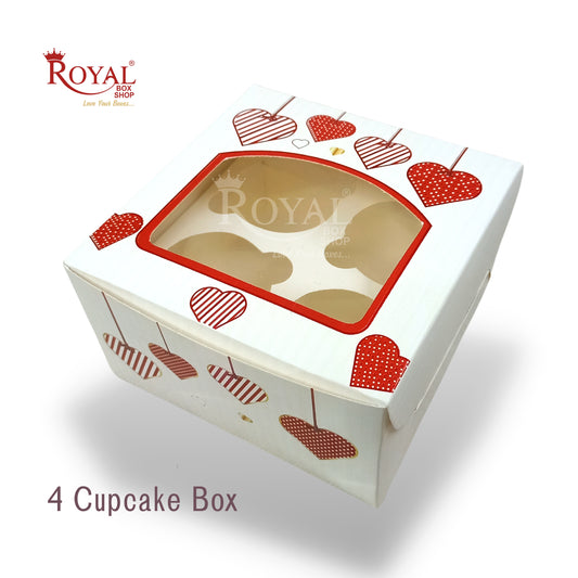 4 Cupcake Valentine Theme Box I Size 7x7x3.5" Inch I White Color Royal Box Shop