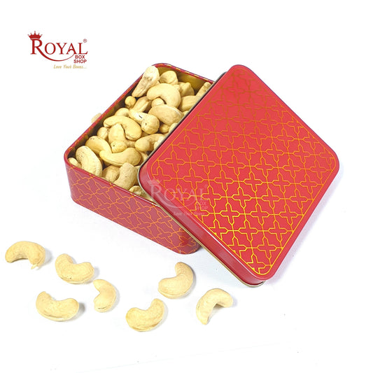 Premium Tin Box I Golden Foiling I 4"x4.75"x1.5" Inches I Red Color I For Return Gifts, Hamper Box, Dry Fruits Packing