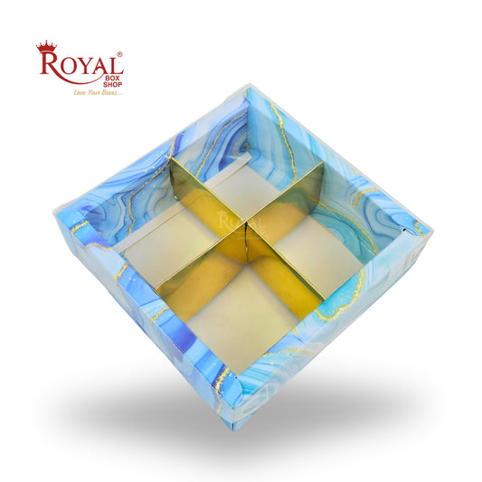 4pc Brownie Hamper Box with Transparent Lid | 6x6x2 inches | Blue Marble Print