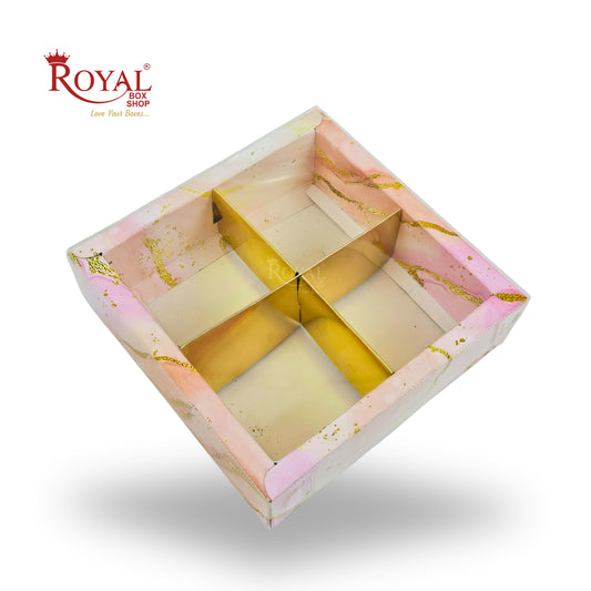 4pc Brownie Hamper Box with Transparent Lid | 6x6x2 inches | Pink Marble Print
