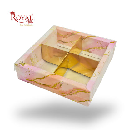 4pc Brownie Hamper Box with Transparent Lid | 6x6x2 inches | Pink Marble Print