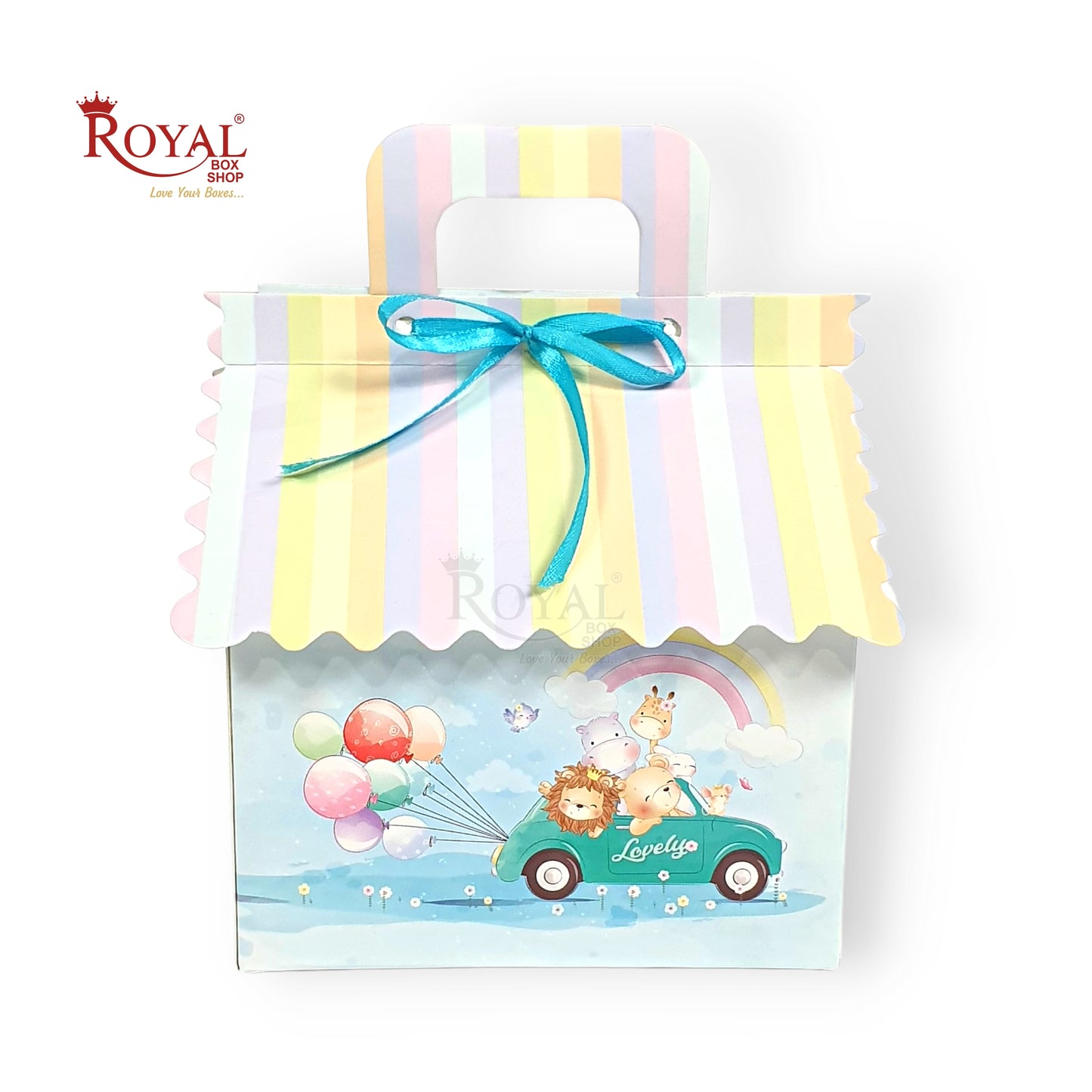 Hut Boxes with Rainbow Animal Car & Handle I 6x6x4 I Blue I Perfect For Birthday, Favor, Announcements