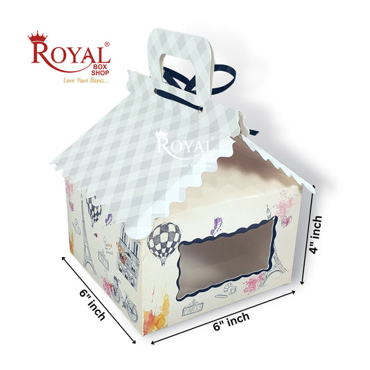 4cc Hut Shape Cupcake Boxes - 6"x6"x4" inch - Paris Cream Theme
