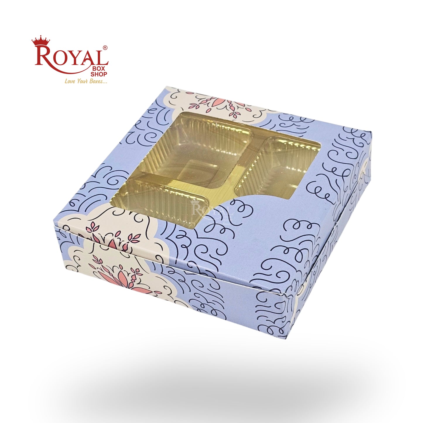 4 Cavity Chocolate Boxes with Window I 3.75 x 3.75 x 1 inches I Blue Floral