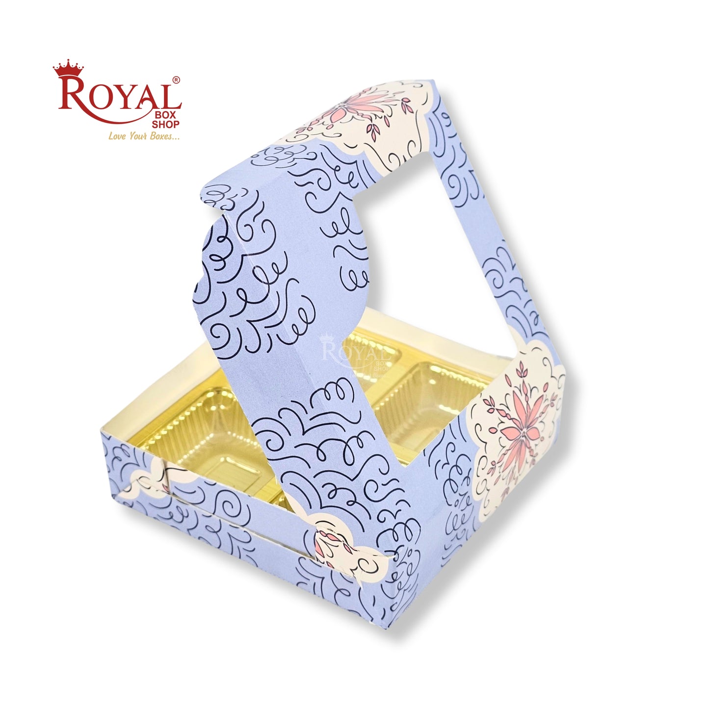 4 Cavity Chocolate Boxes with Window I 3.75 x 3.75 x 1 inches I Blue Floral