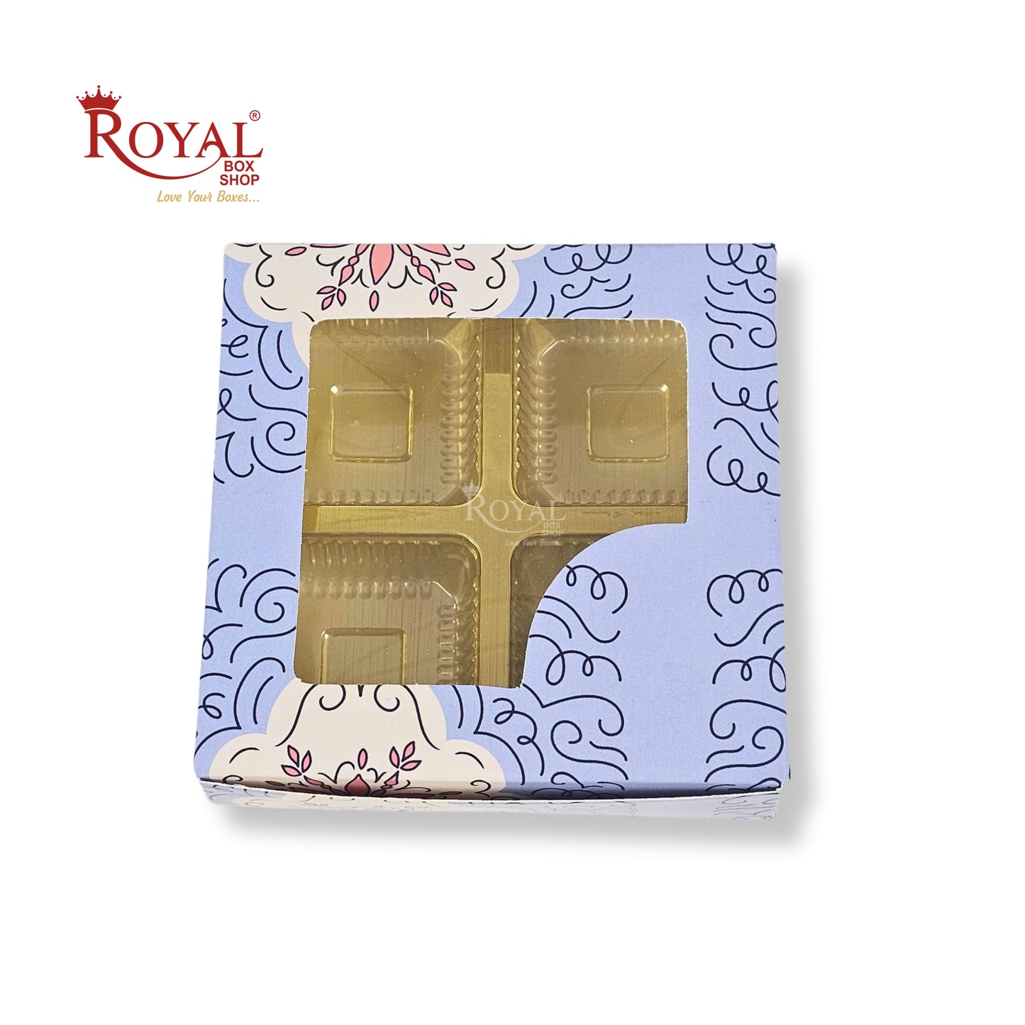 4 Cavity Chocolate Boxes with Window I 3.75 x 3.75 x 1 inches I Blue Floral