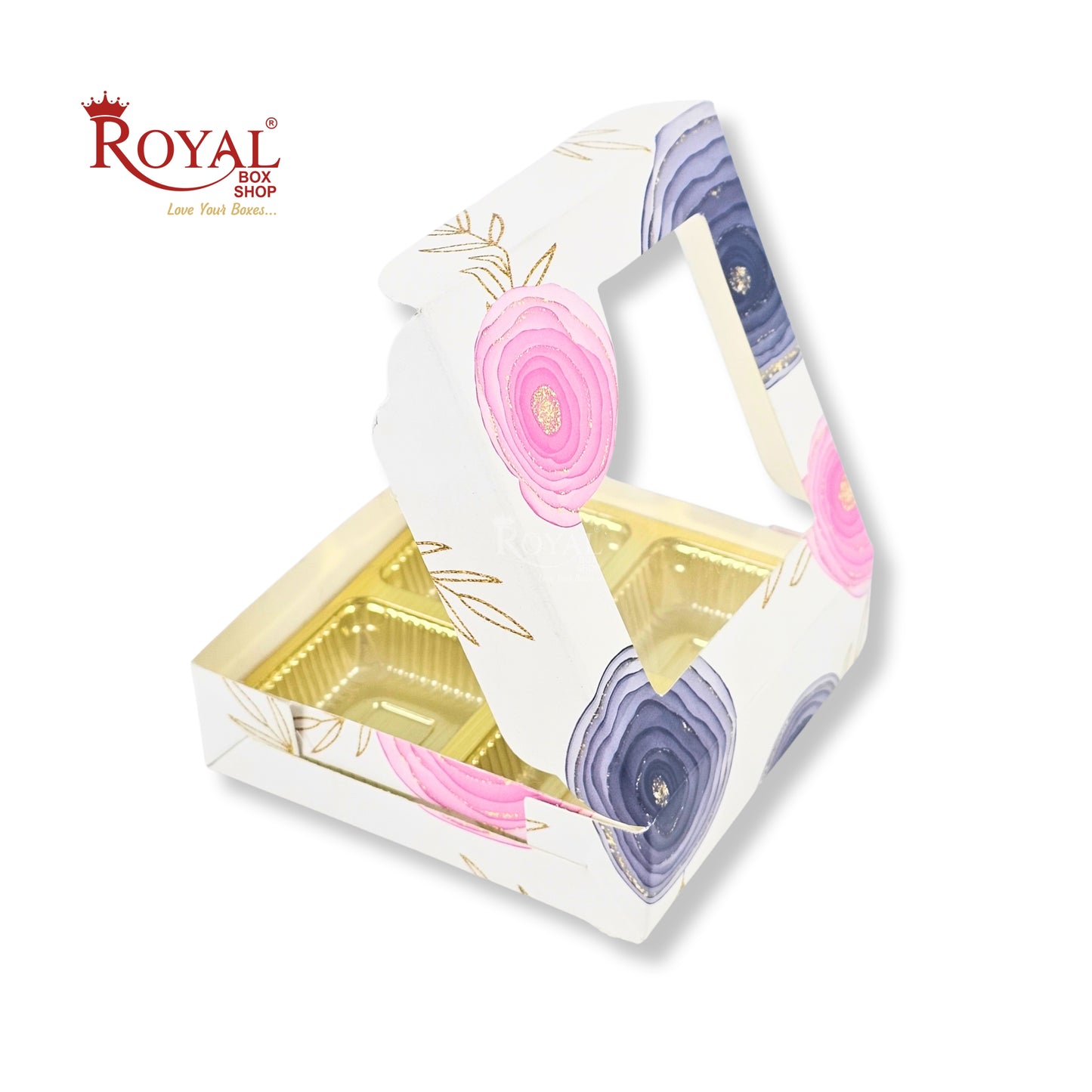 4 Cavity Chocolate Boxes with Window I 3.75 x 3.75 x 1 inches I White Floral