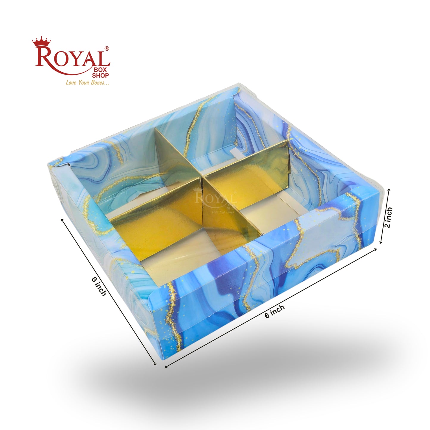 4pc Brownie Hamper Box with Transparent Lid | 6x6x2 inches | Blue Marble Print