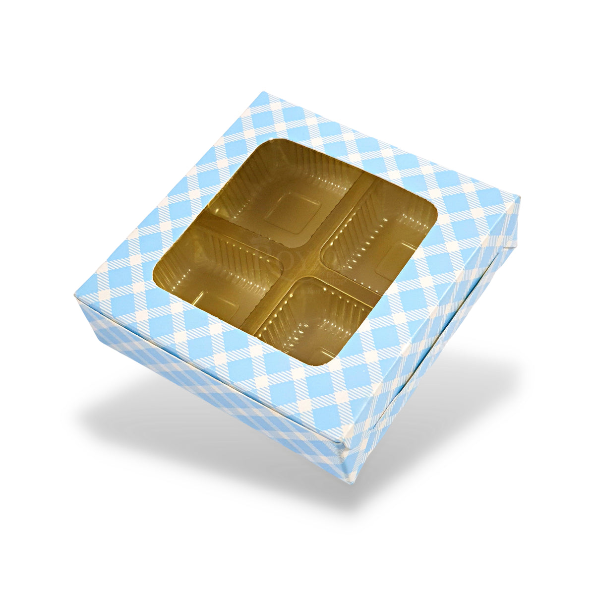 4 Cavity Chocolate Boxes with Window | 3.75 x 3.75 x 1 inches | Blue Check | B2B