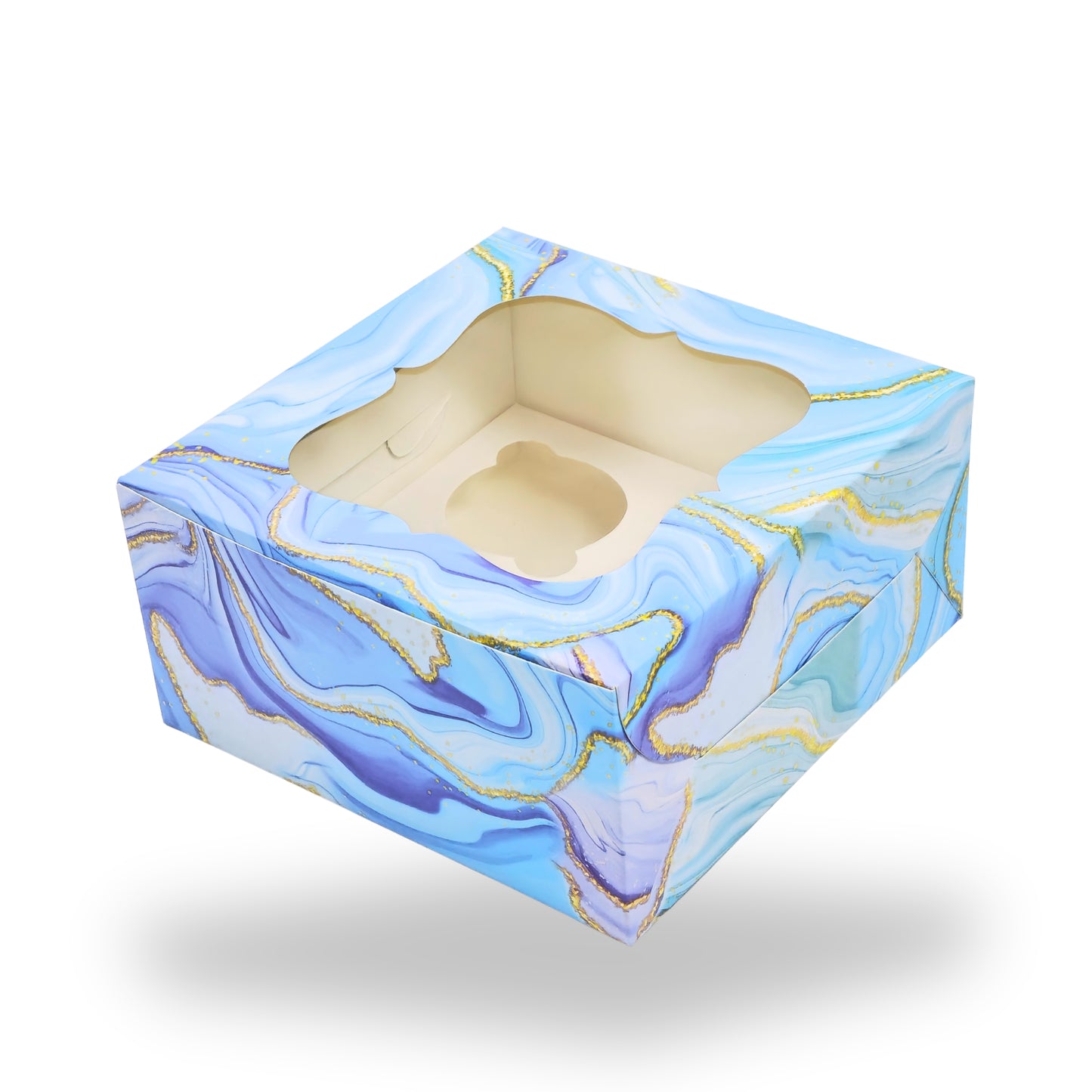 4 Cupcake Box With Window | 7x7x3.5 Inch | Blue Marble Print | FBB