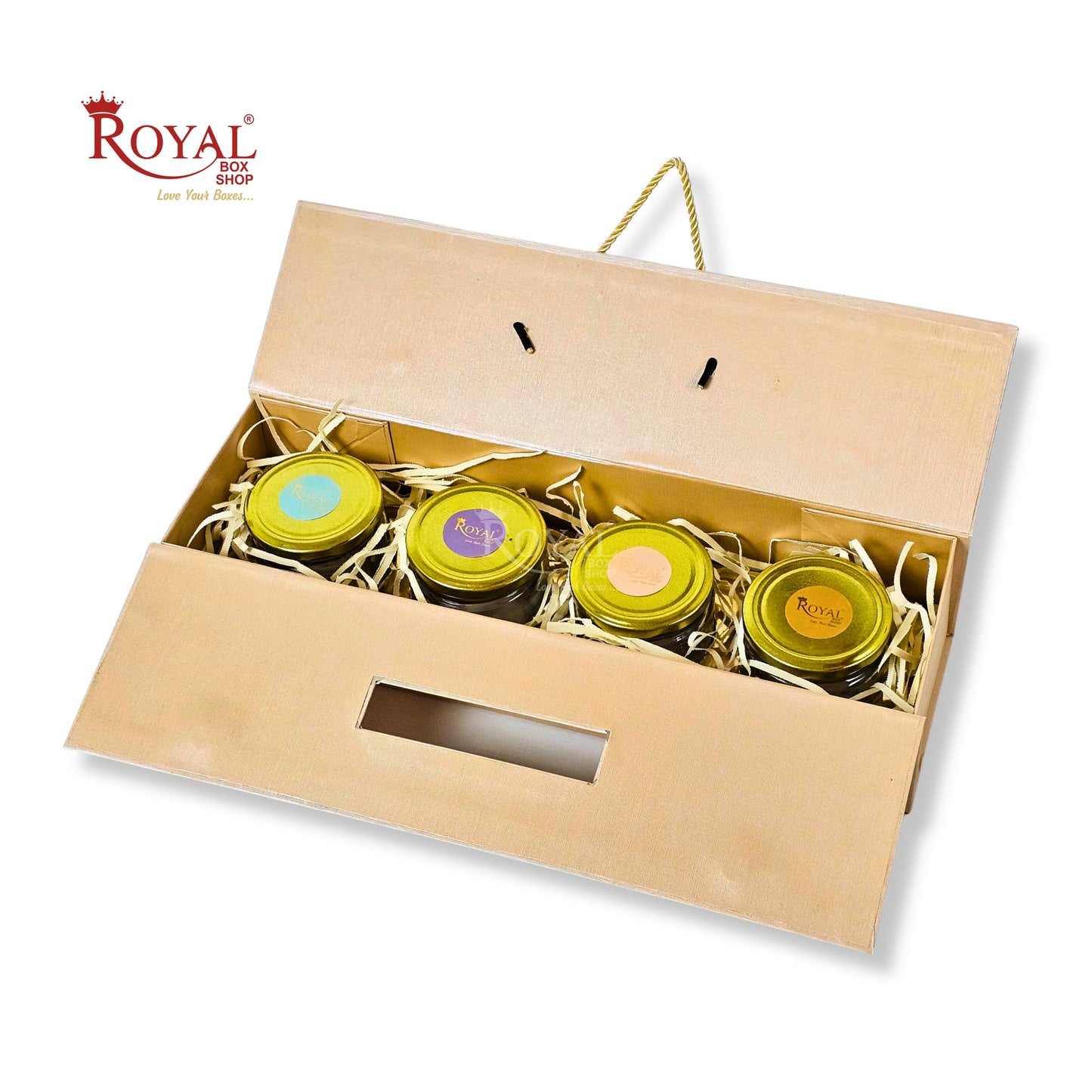 Premium 4 Jar Rigid Hamper Box I RBK-163 I Cream with Golden Foiling Print
