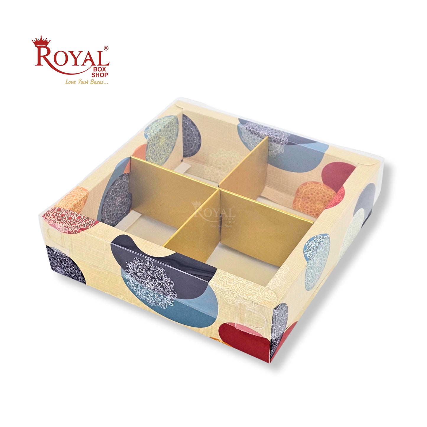 4pc Brownie Hamper Box with Transparent Lid | 6x6x2 inches | Cream Mandala print