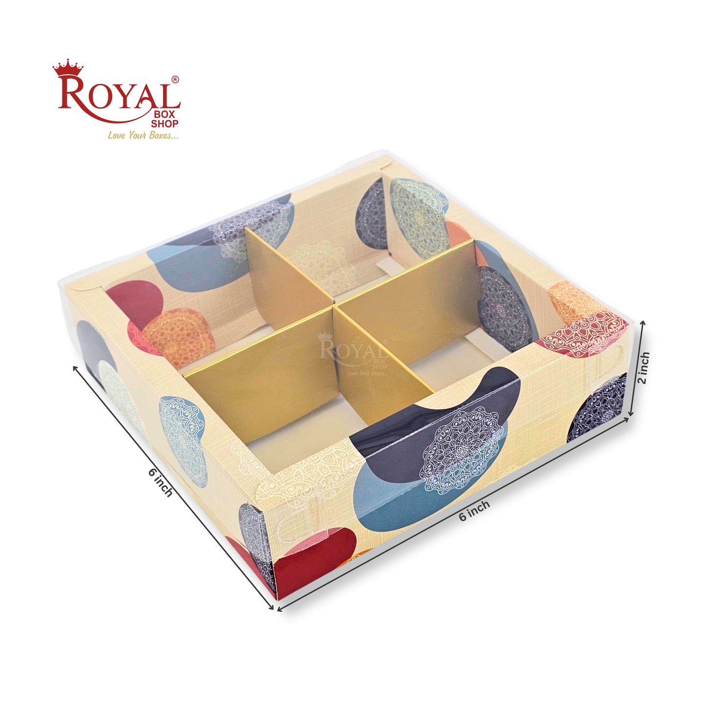4pc Brownie Hamper Box with Transparent Lid | 6x6x2 inches | Cream Mandala print