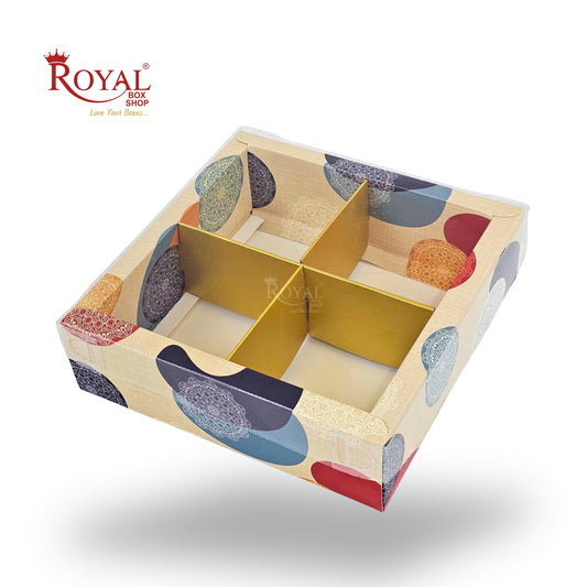 4pc Brownie Hamper Box with Transparent Lid | 6x6x2 inches | Cream Mandala print