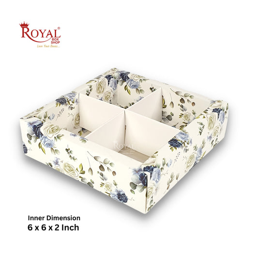 4pc Brownie Hamper Box with Transparent Lid I White Floral I 6"x6"x2" inches I For Christmas Gifting Royal Box Shop