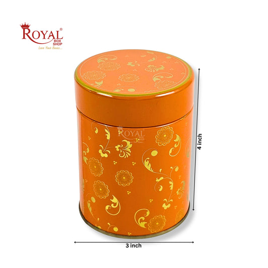 Premium Tin Jars I 4"x3" Inches I Orange With Golden Print I Perfect for Return Gifts, Hamper Box, Storage