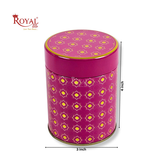 Premium Tin Jars I 4"x3" Inches I Magenta With Golden Print I Perfect for Christmas Gifting, Return Gifts, Hamper Box, Storage