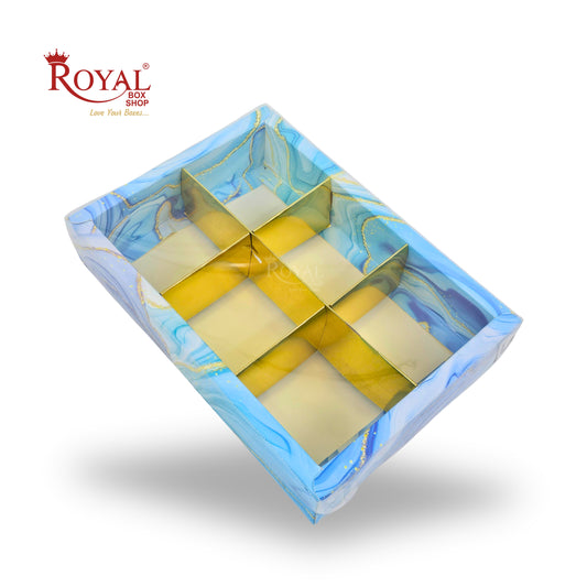 6pc Brownie Hamper Box with Transparent Lid | 9x6x2 inches | Blue Marble Print