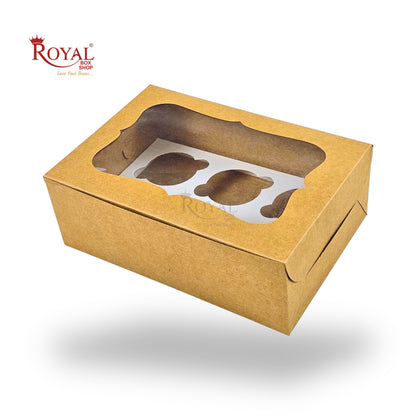 6 Cupcake Box With Window I 10x6.75x3.5 I Brown Kraft I B2B