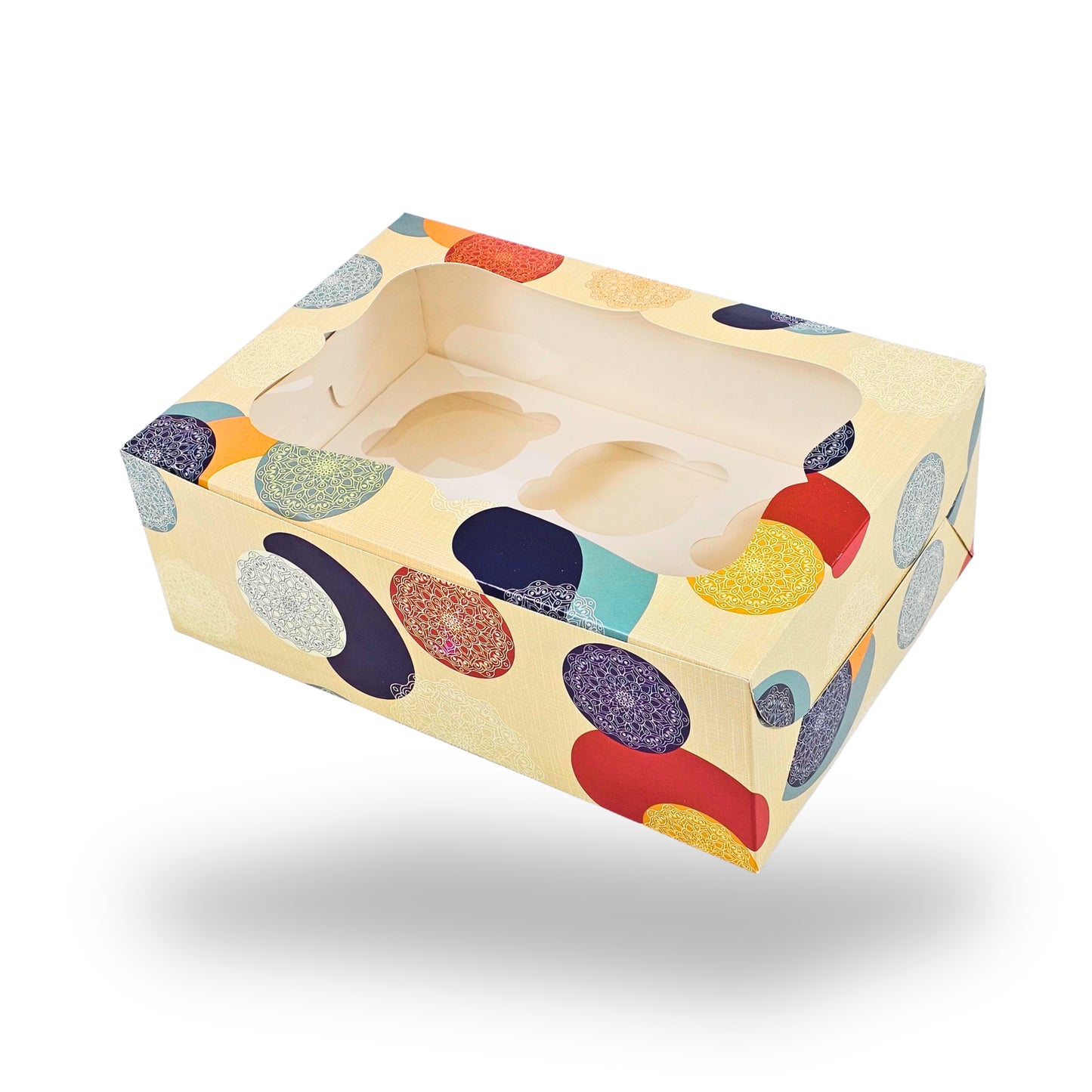 6pc Cupcake Box With Window | 10x7x3.5 Inch | SBS Paper | Mandala Print
