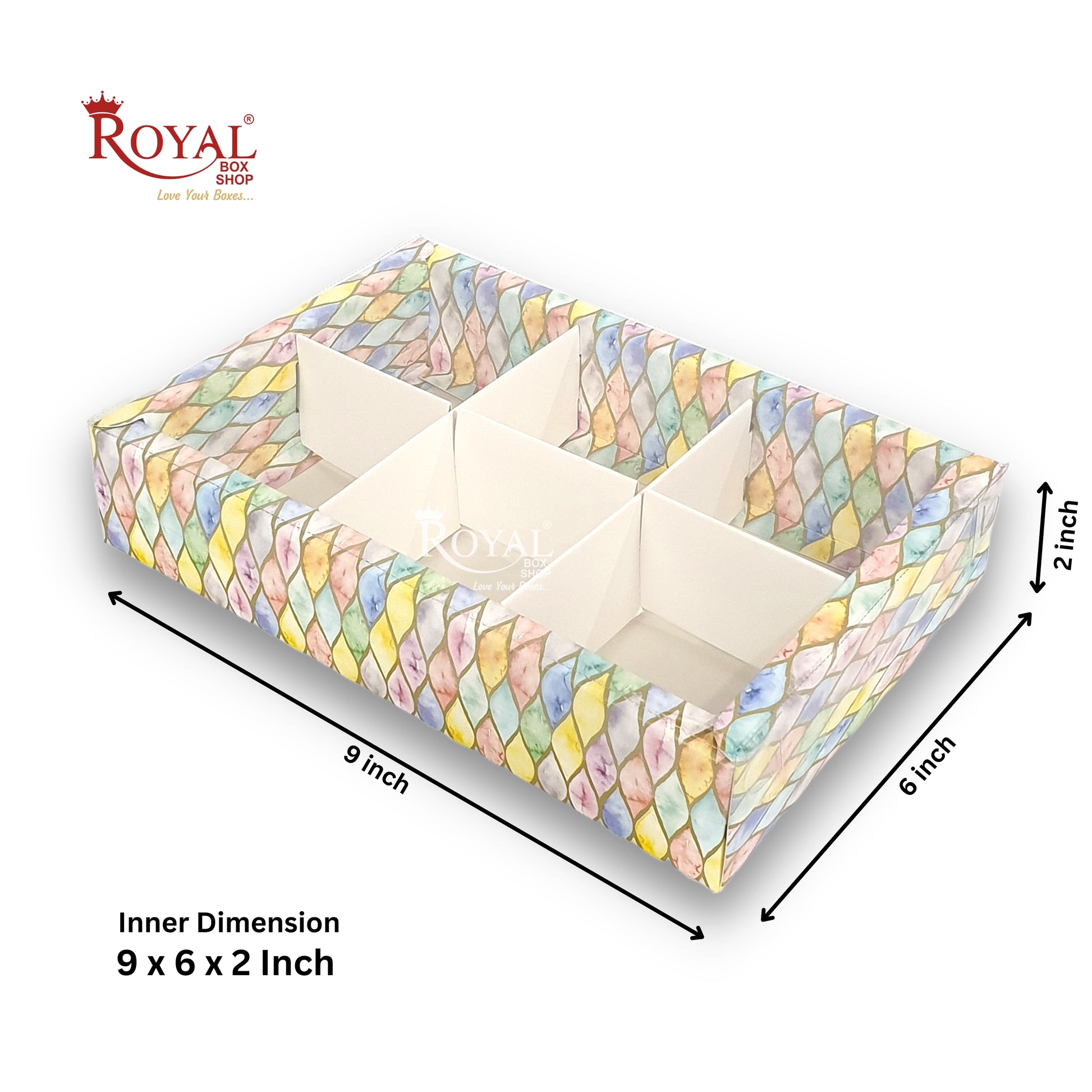 6pc Brownie Hamper Box with Transparent Lid I Multicolor I 9"x6"x2" inches I For Christmas Gift , Wedding Return Gifts, New Year Gifting Royal Box Shop