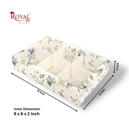 6pc Brownie Hamper Box with Transparent Lid I White Floral I 9"x6"x2" inches I For Christmas Gift , Wedding Return Gifts, New Year Gifting Royal Box Shop