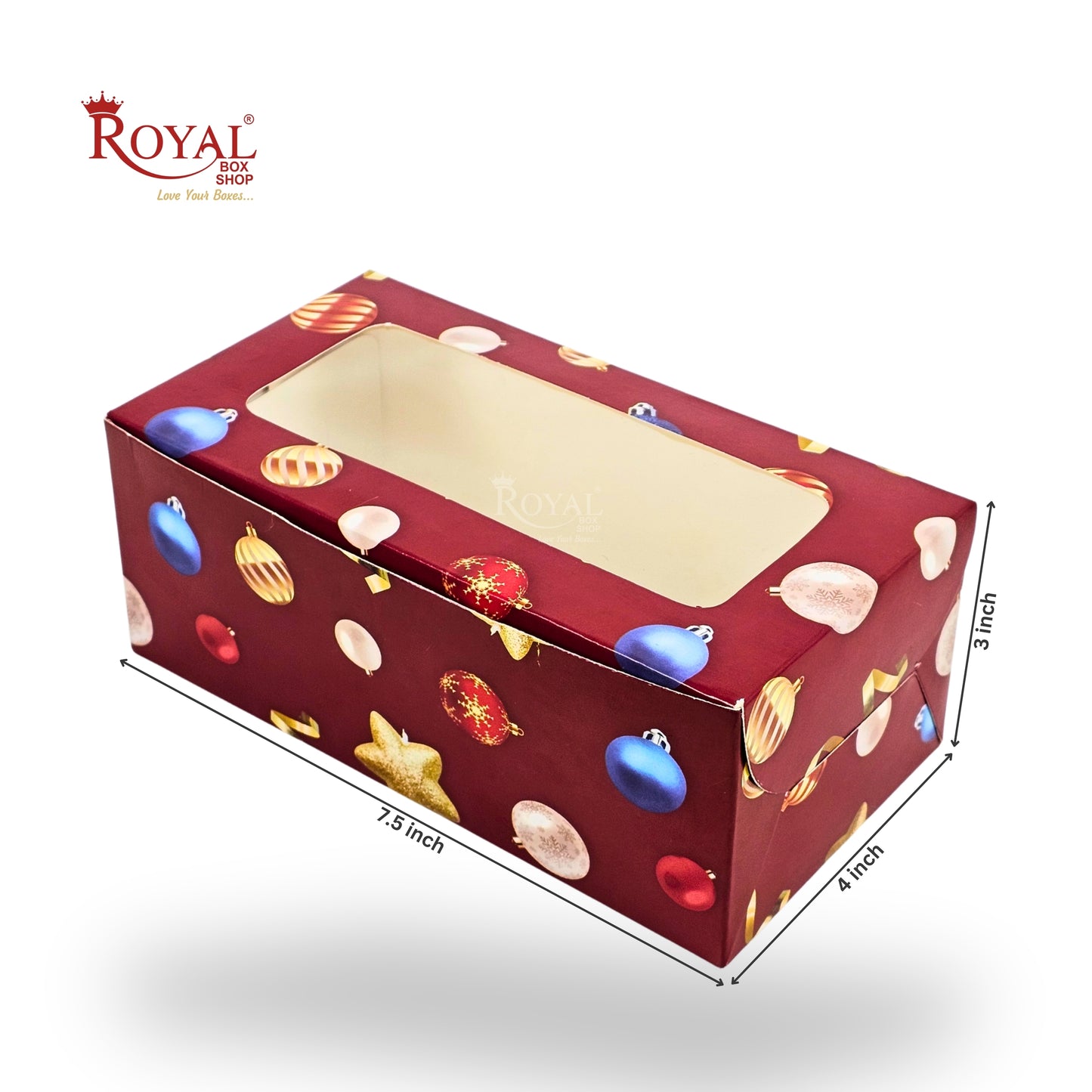 Red plum cake box cover with Christmas bulb design and dimensions on a white background