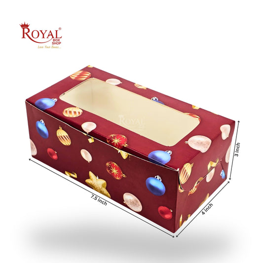 Red plum cake box cover with Christmas bulb design and dimensions on a white background