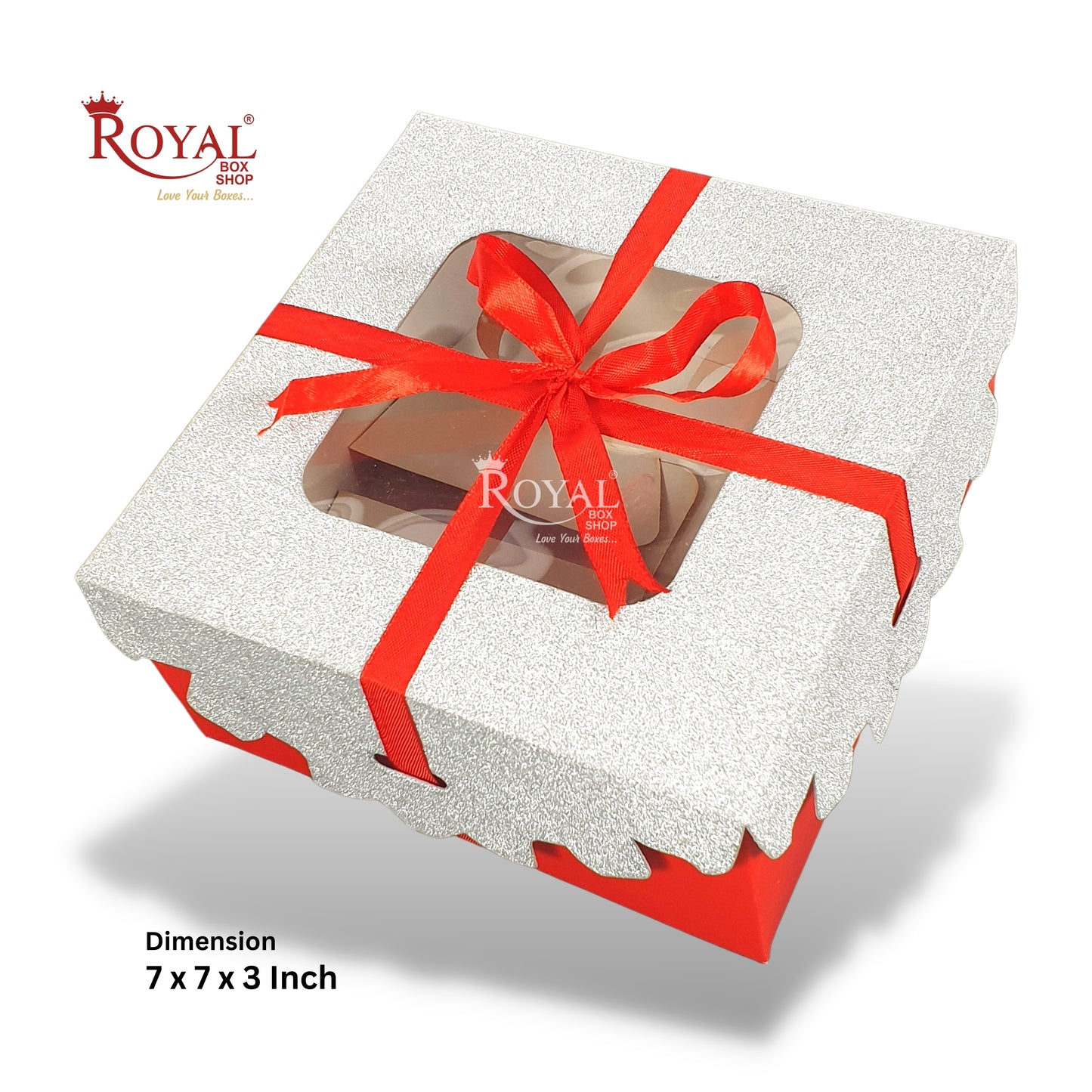 Christmas Cake Box I 7"x7"x3"inches I Red with Silver Top I For Dry Cake, Plum Cake, Xmas Gifting
