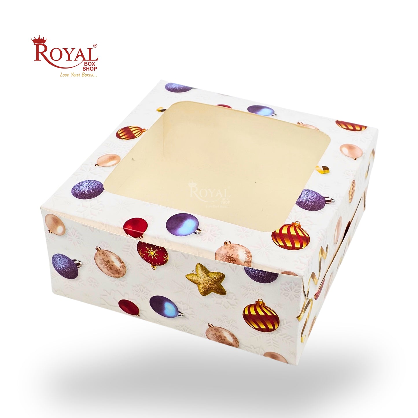 Christmas Theme Dry Cake Box With Window | 7x7x3 inch | White | Perfect for Dry Cakes, Chocolates, Cookies, Muffins