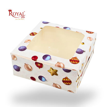 Christmas Theme Dry Cake Box With Window | 7x7x3 inch | White | Perfect for Dry Cakes, Chocolates, Cookies, Muffins