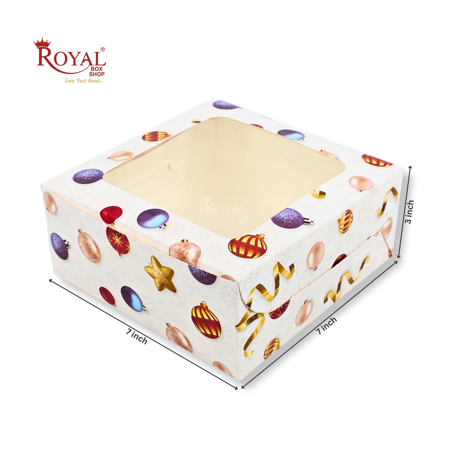 Christmas Theme Dry Cake Box With Window | 7x7x3 inch | White | Perfect for Dry Cakes, Chocolates, Cookies, Muffins