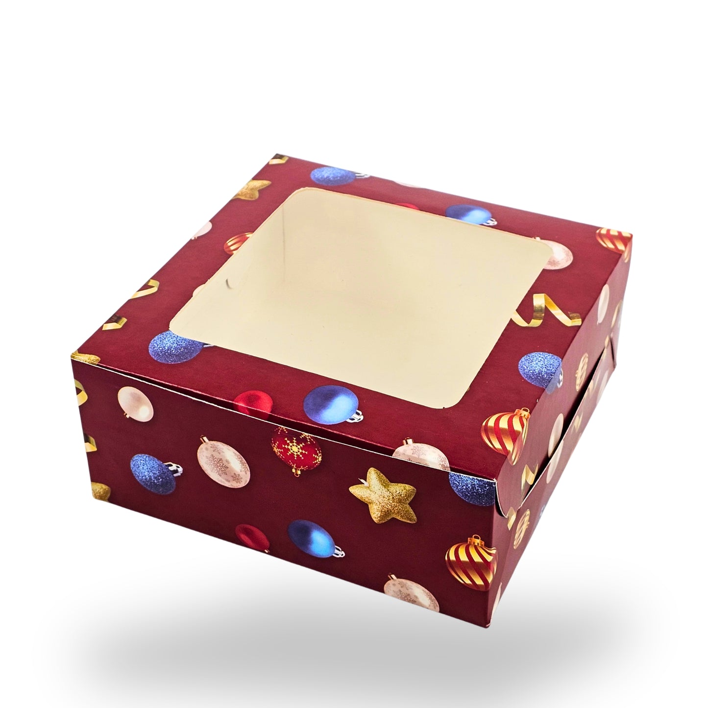 Christmas Theme Dry Cake Box With Window | 7x7x3 inch | Red | Perfect for Dry Cakes, Chocolates, Cookies, Muffins | B2B