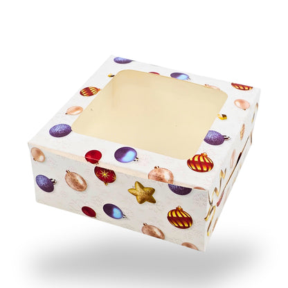 Christmas Theme Dry Cake Box With Window | 7x7x3 inch | White | Perfect for Dry Cakes, Chocolates, Cookies, Muffins