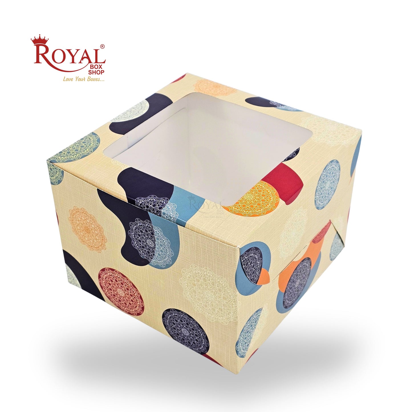 Cake Box With Window | 7x7x5 Inches | Cream Mandala | For Bakery & Gift Packaging