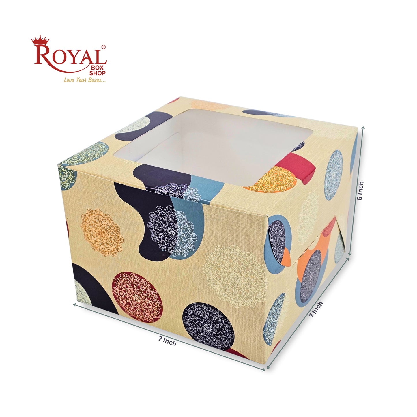 Cake Box With Window | 7x7x5 Inches | Cream Mandala | For Bakery & Gift Packaging