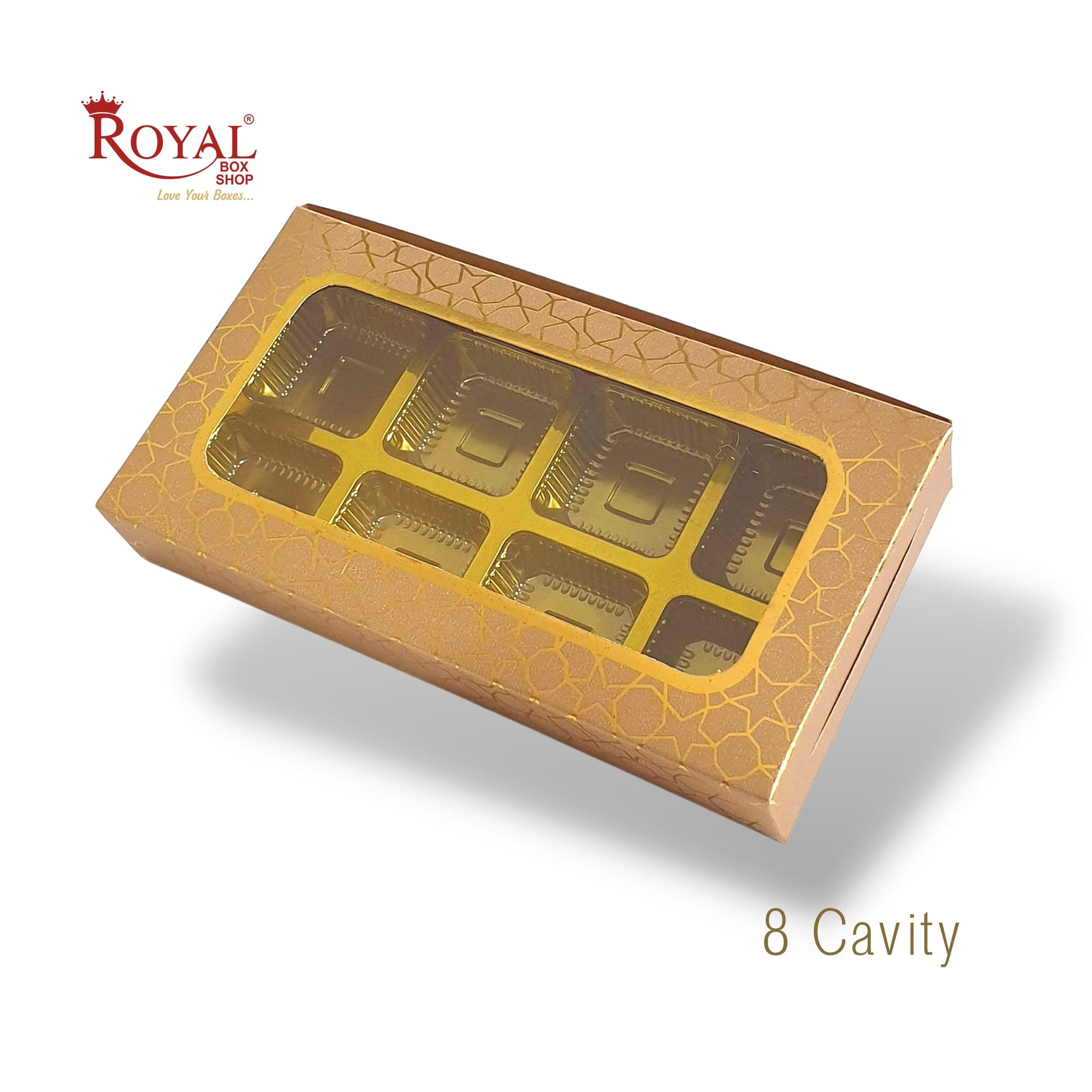 8 Cavity Chocolate Boxes  I 7.5 x 4 x 1.25 inch I Golden I For Christmas Gifting Royal Box Shop