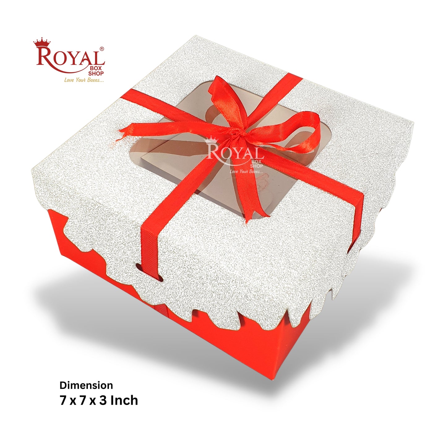 Christmas Cake Box I 7"x7"x3"inches I Red with Silver Top I For Dry Cake, Plum Cake, Xmas Gifting