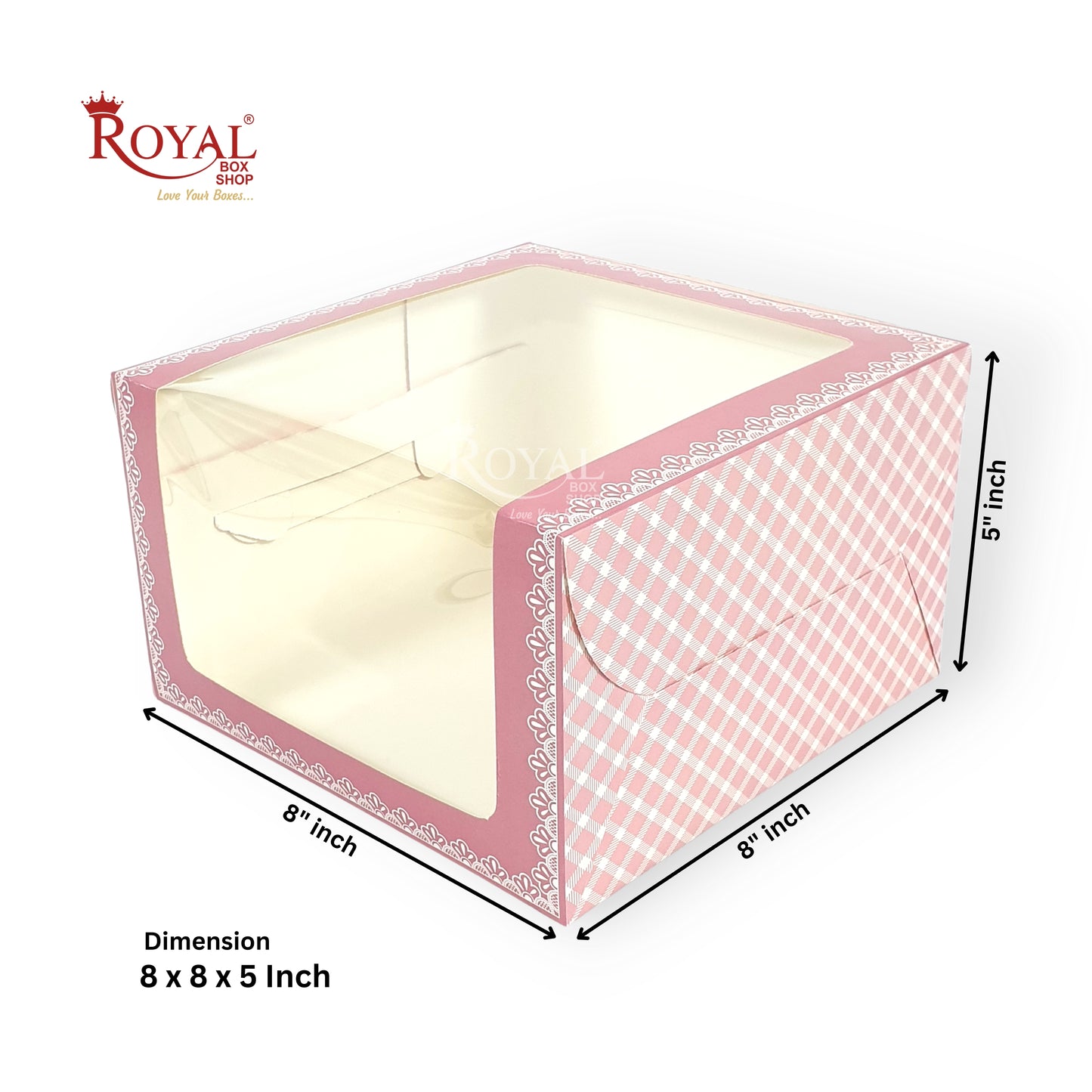 Cake Box with L-Shape Window I Pink Check I 8x8x5" Inch | Perfect for Half Kg Cakes Cookies, Candies, & Room Hampers