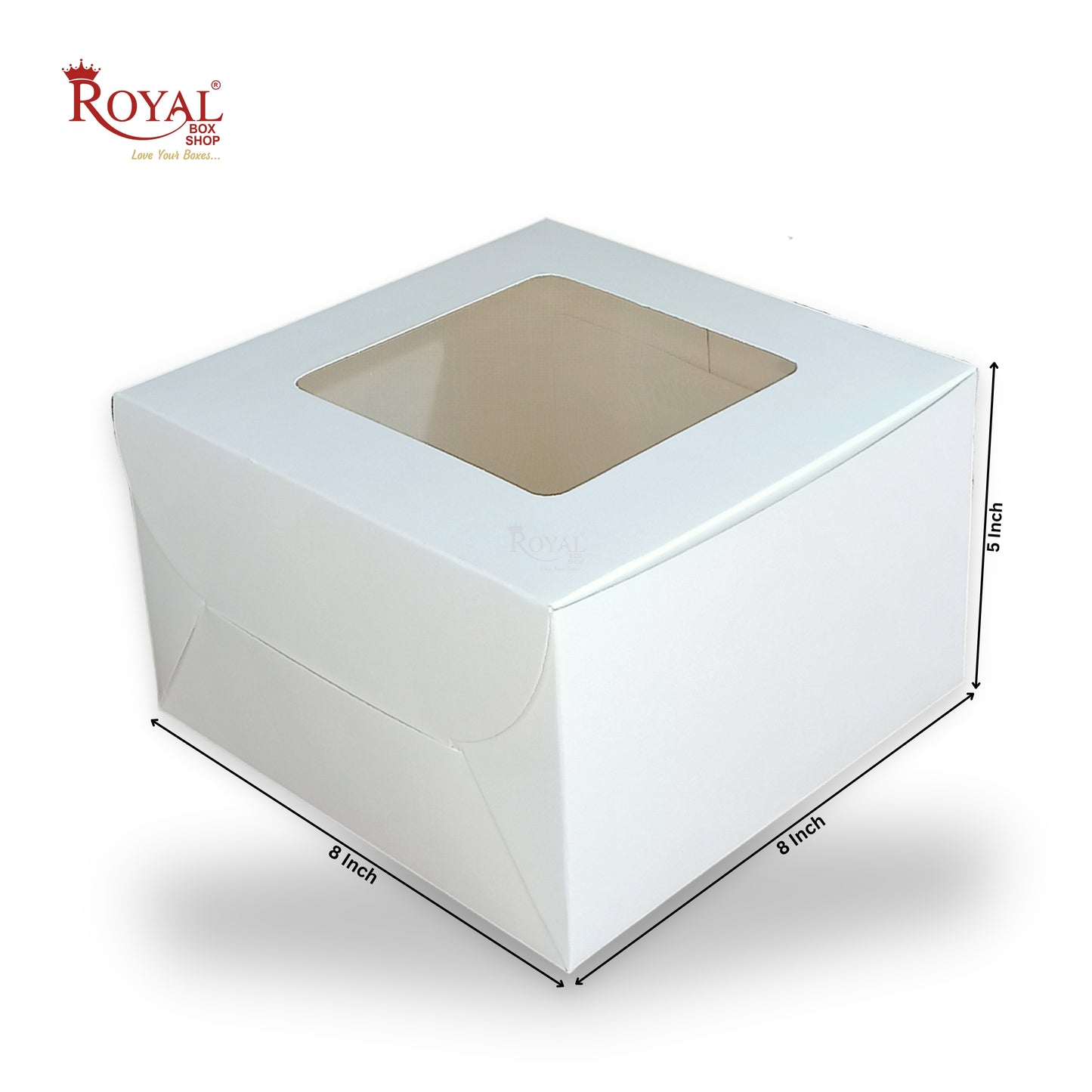 RoyalBoxShop® Cake Box With Window I Size 8x8x5 inch I White 300 GSM I B2B I Half Kg Cake Box