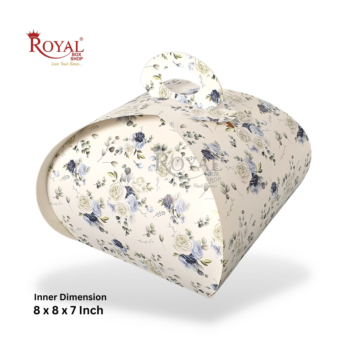 Premium Dome Cake Box with Handle I White Floral Design I 8x8x7" I Perfect for Cupcakes, Cookies & Half Kg Cakes