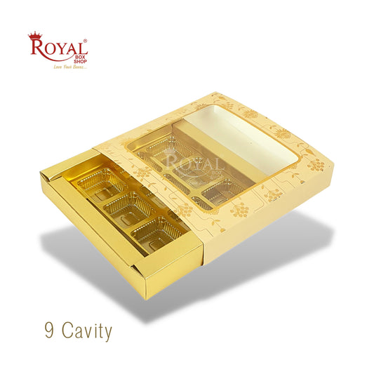 9 Cavity Chocolate Slider Boxes with Window I Cream Color I Gold Leaf Print I Diwali, Christmas Gifting, Wedding Return Gifts Royal Box Shop