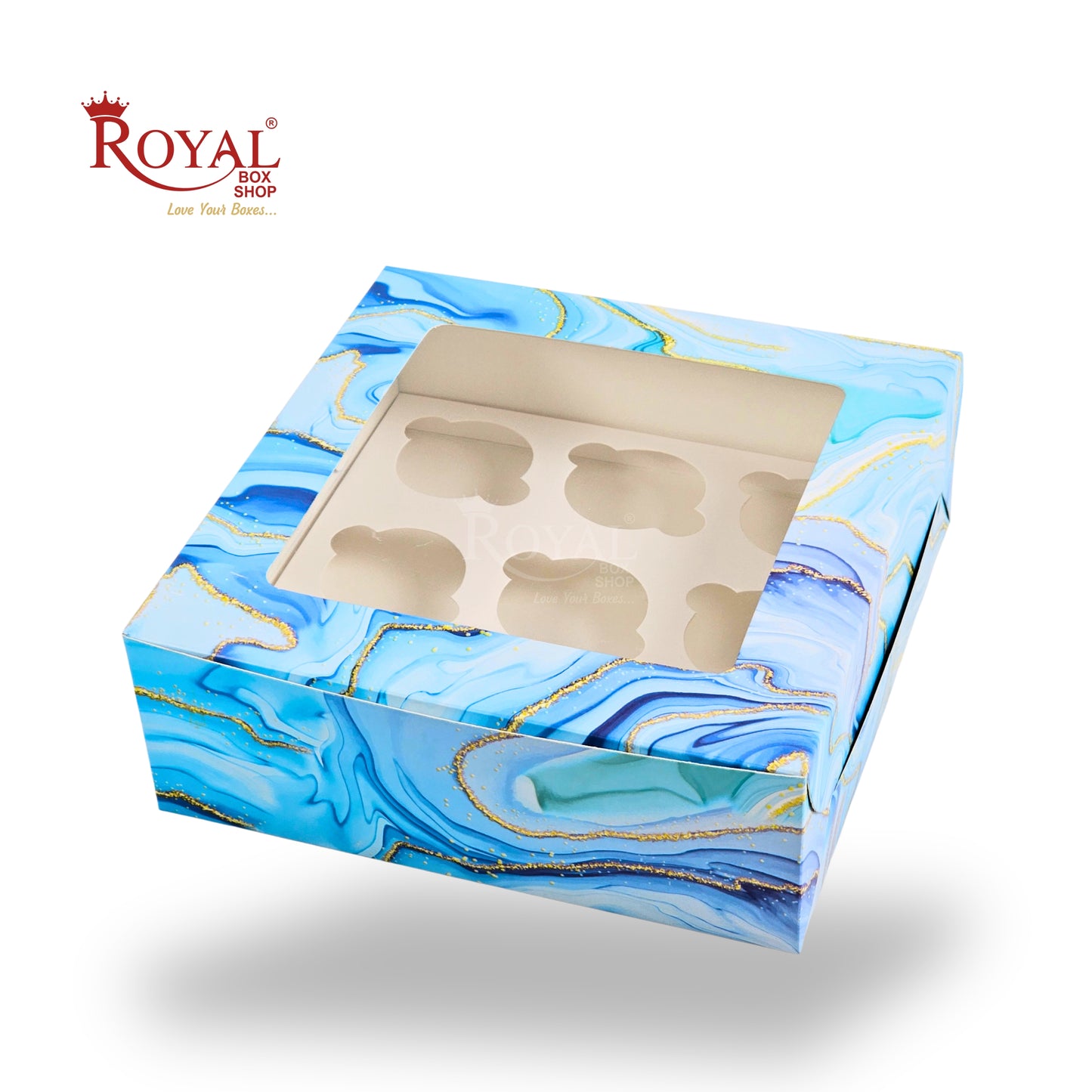 9pc Cupcake Boxes with Window | 10x10x3.5 Inch | Blue Marble Print | FBB