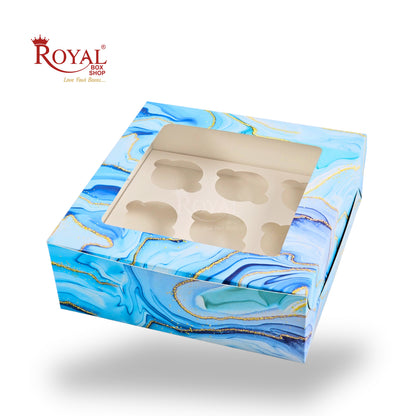 9pc Cupcake Boxes with Window | 10x10x3.5 Inch | Blue Marble Print | FBB
