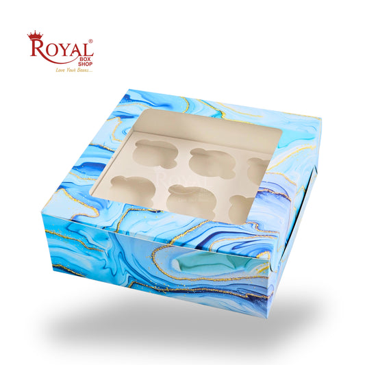9pc Cupcake Boxes with Window | 10x10x3.5 Inch | Blue Marble Print | FBB