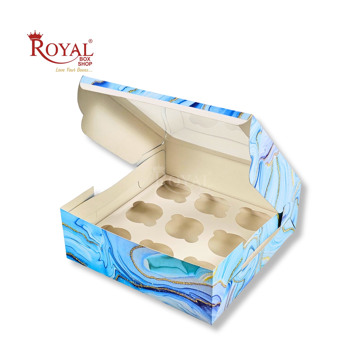 9pc Cupcake Boxes with Window | 10x10x3.5 Inch | Blue Marble Print | FBB