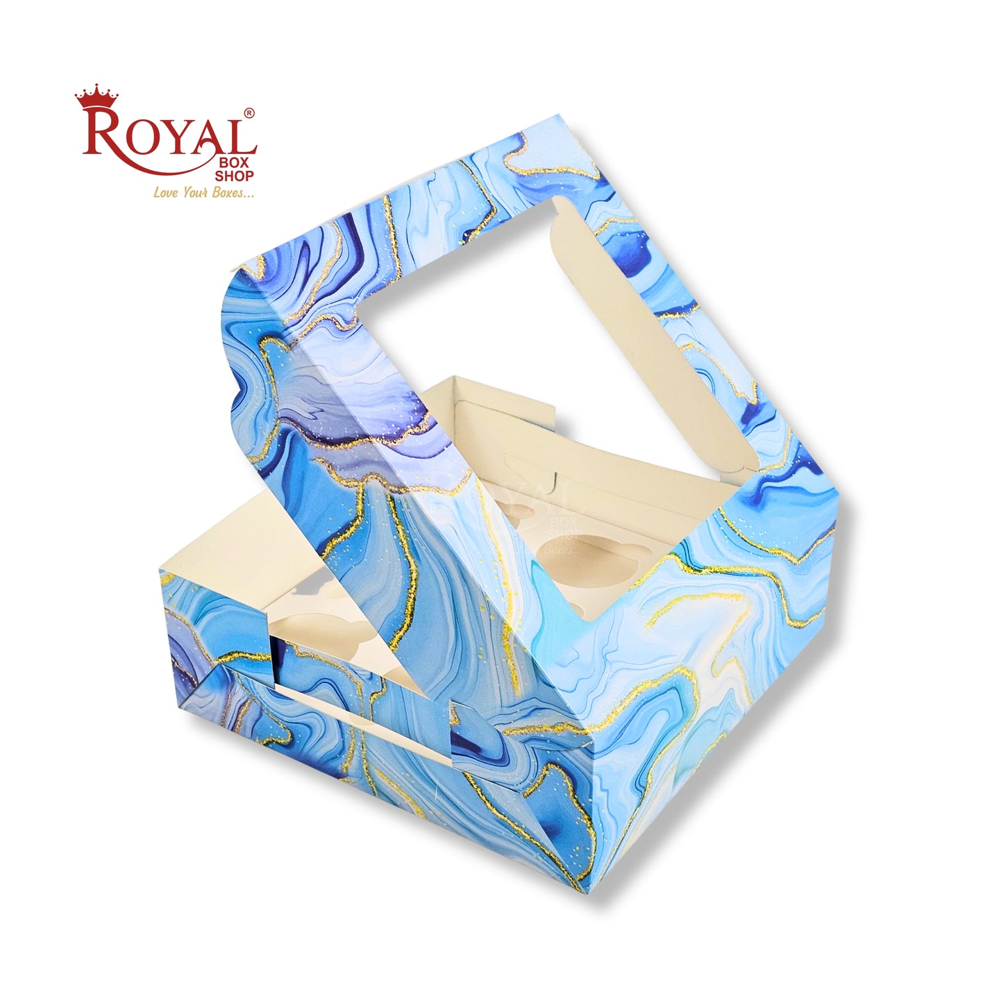 9pc Cupcake Boxes with Window | 10x10x3.5 Inch | Blue Marble Print | FBB